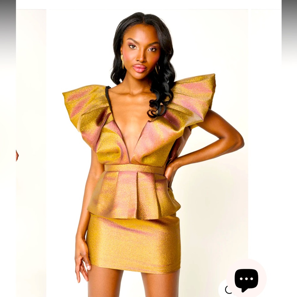 Ronny Kobo Gold Metallic Calin Ruffle mini Dress size small
